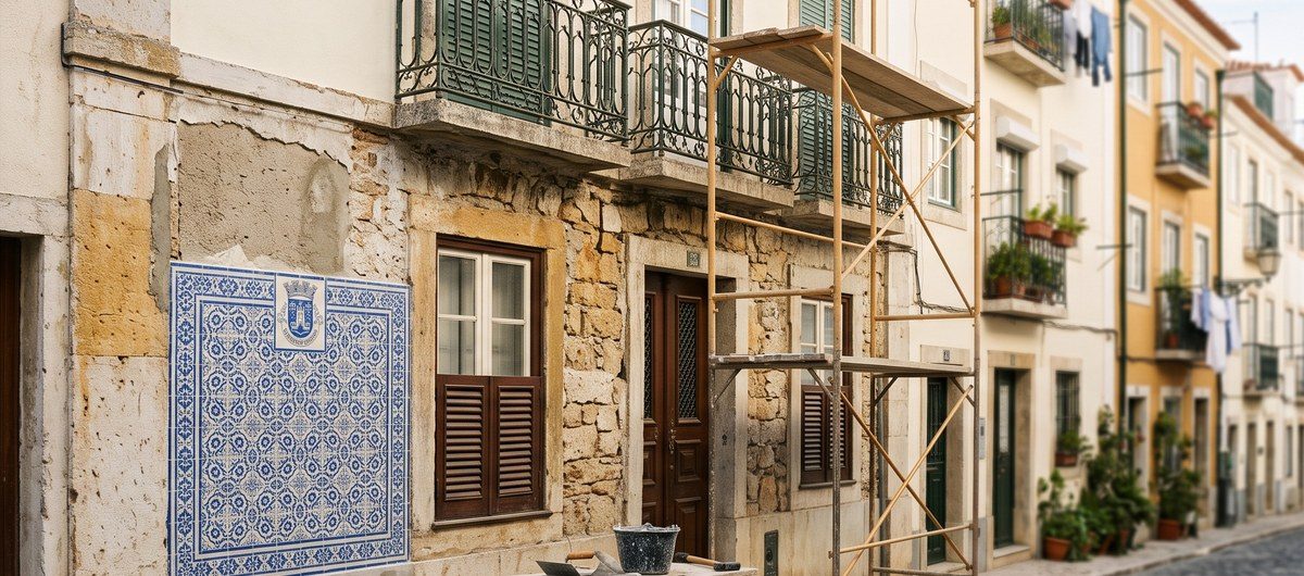 Rua antiga portuguesa com fachadas em obra, andaimes leves e cavalete de estaleiro no passeio