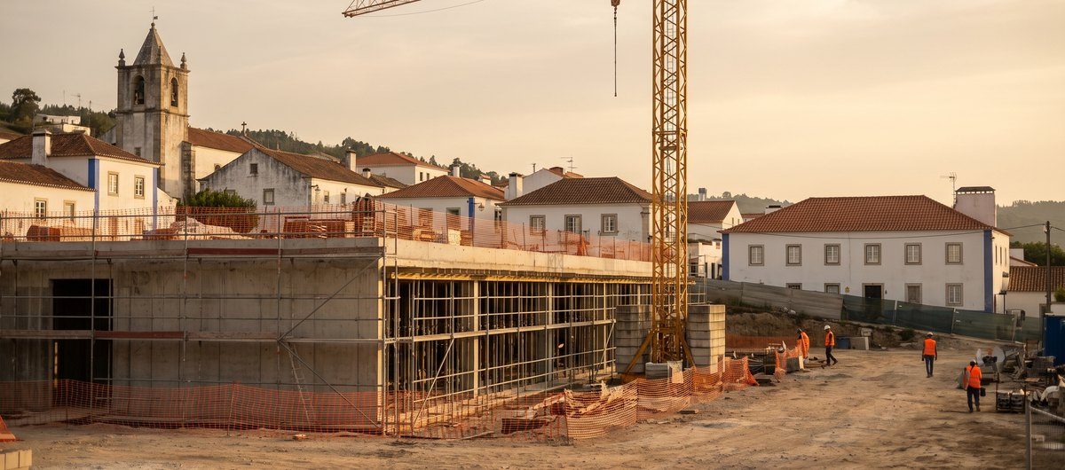 Obra pública em curso numa vila portuguesa, com gruas e andaimes ao fim da tarde