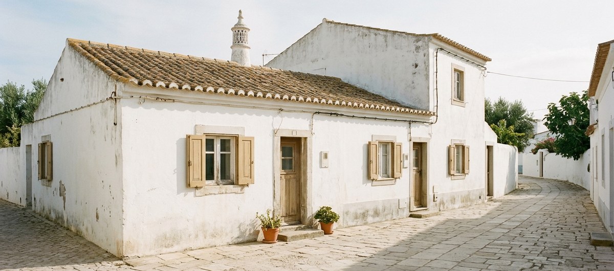 Casas caiadas de branco com telhados de telha e portadas discretas numa rua residencial inspirada no Algarve.